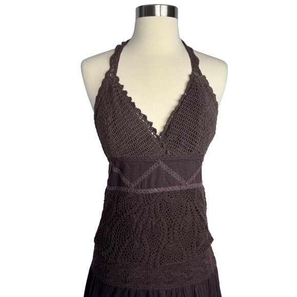 VTG XOXO‎ Brown Crochet Baby Doll Maxi Dress Whimsigoth Dark Fairy 100% Cotton - Picture 2 of 12